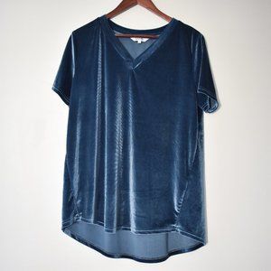 Amaryllis soft velvet blue V-neck top with slight high low hem